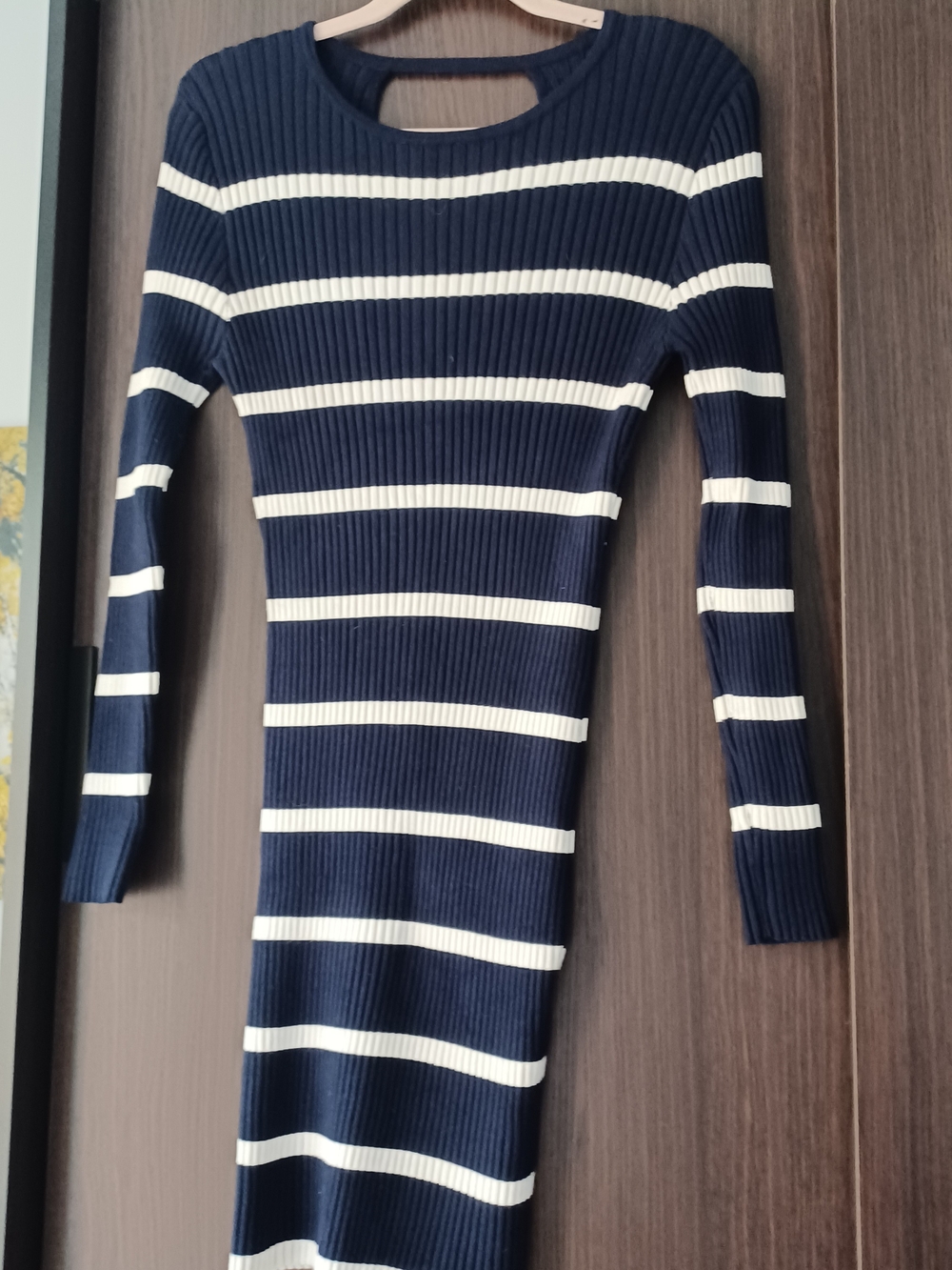 Ribbed Navy and White Long Sleeve Bodycon Dress
